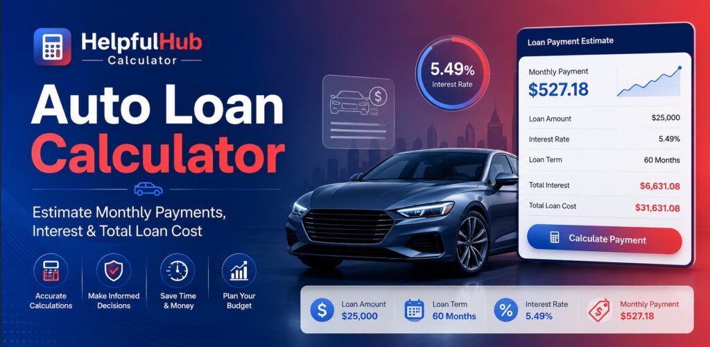 Auto loan calculator tool with monthly payment estimate and HelpfulHub Calculator branding