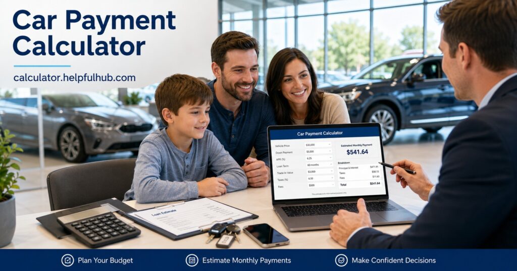 Car payment calculator showing monthly auto loan payment estimates for a US car buyer
